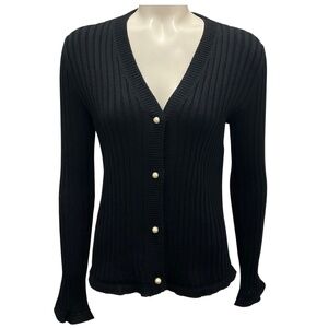 CHRISTIAN DIOR BLACK PEARL BUTTONED RIBBED KNIT CASHMERE CARDIGAN SWEATER